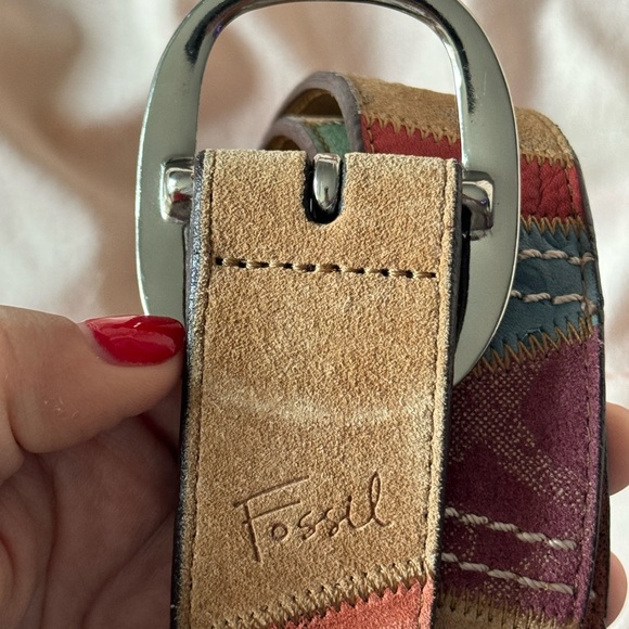 Fossil Patchwork Leather belt Genuine Suede Size M Multi Color Hippy Granny 90s - Picture 3 of 12